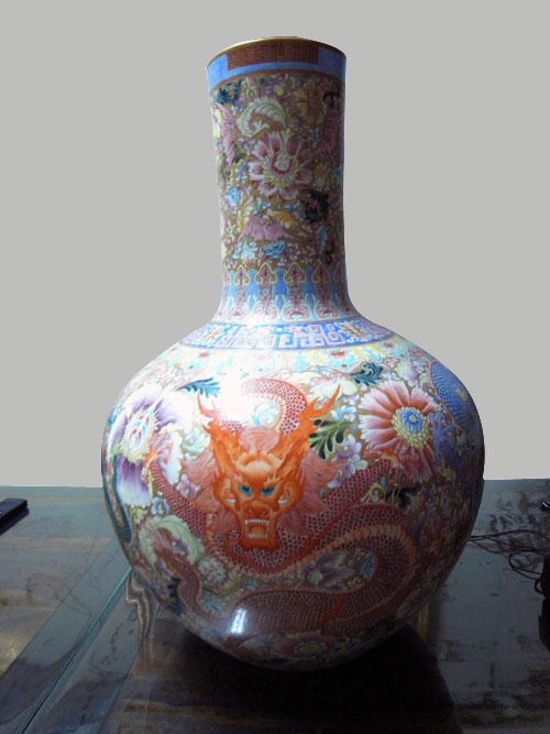 金地琺瑯彩百花龍鳳紋天球瓶(一對) 